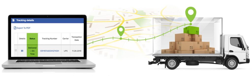 Image of a truck delivering a package, linked to a computer screen showing tracking details, representing LJM Group's logistics optimization and detailed tracking capabilities.