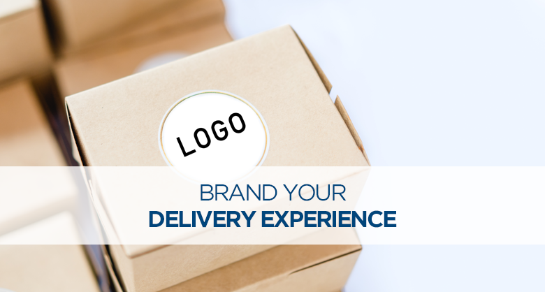 Box labeled 'brand' with overlaid text 'Brand your delivery experience', hinting at personalized shipping strategies.
