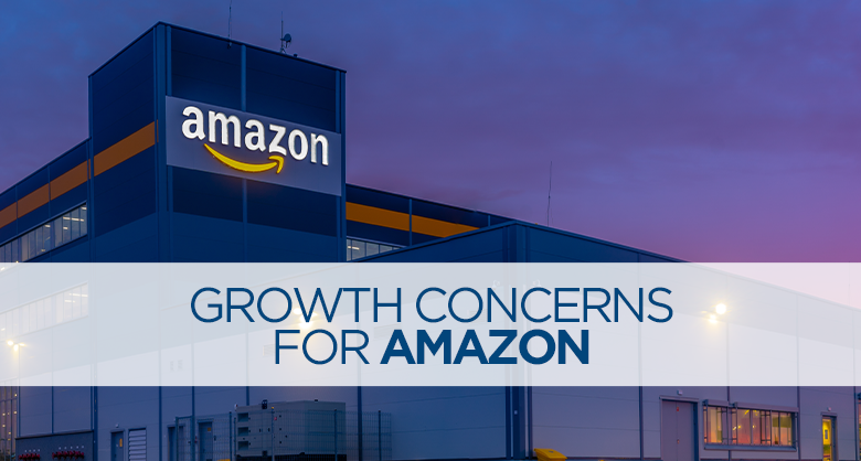 Amazon warehouse with overlaid text 'Grown Concerns Over Amazon', indicating logistics challenges.