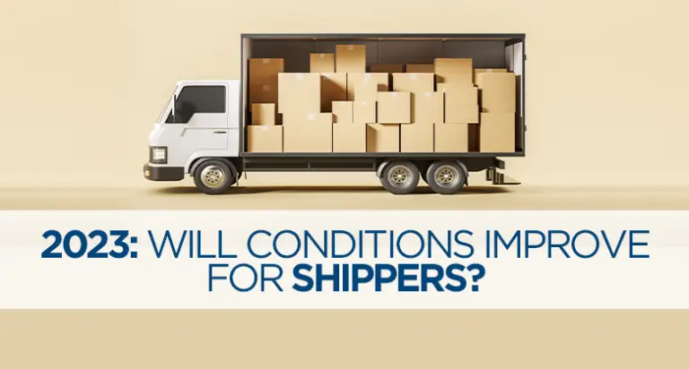 Moving truck with overlaid text '2023 Global Economic Outlook: Will Conditions Improve for Shippers?', highlighting the future prospects in shipping and logistics.