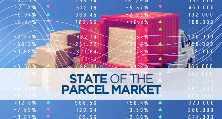 Moving truck with overlaid rising and lowering numbers symbolizing the fluctuations in the parcel market, with the title 'State of the Parcel Market