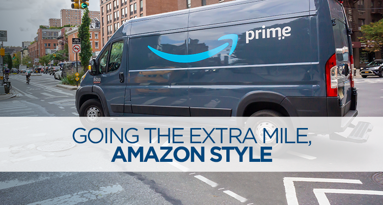 "Amazon delivery truck symbolizing efficient logistics and parcel shipping, overlaid text 'Going The Extra Mile, Amazon Style