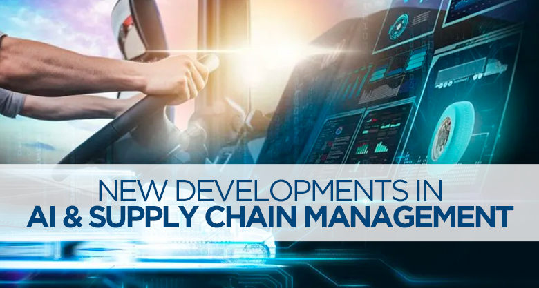 Individual driving a futuristic car with overlaid text 'New Developments in AI and Supply Chain Management: The Future Is Now